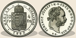 1880-as ezüst 4 forint / 10 frank hivatalos pénzverdei utánveret