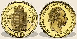 1880-as sárgaréz 4 forint / 10 frank hivatalos pénzverdei utánveret