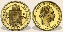 1892-es sárgaréz 4 forint / 10 frank hivatalos pénzverdei utánveret