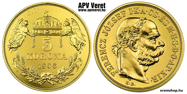 1906-os sárgaréz 5 korona hivatalos pénzverdei fantáziaveret