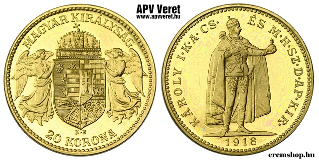 1918-as sárgaréz 20 korona hivatalos pénzverdei fantáziaveret