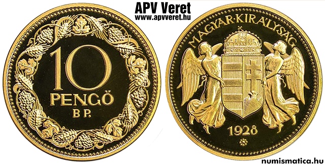 1928-as sárgaréz 10 pengő hivatalos pénzverdei fantáziaveret