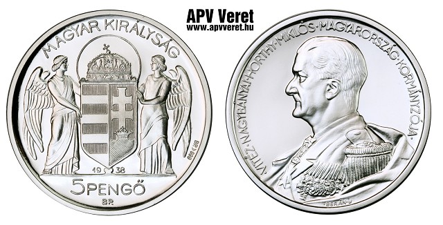 1938-as ezüst Horthy Miklós 5 pengő hivatalos pénzverdei utánveret