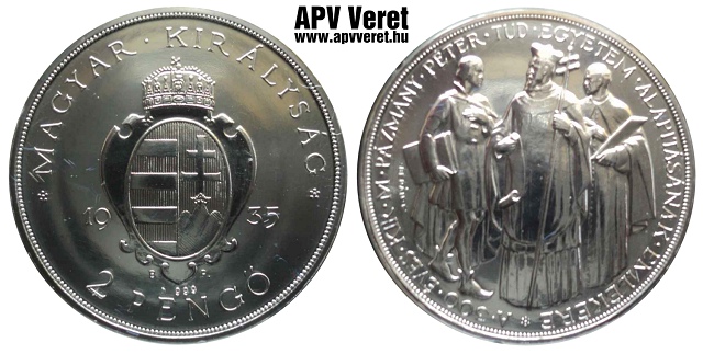 1935-ös Pázmány Péter ezüst 2 pengő hivatalos pénzverdei utánveret